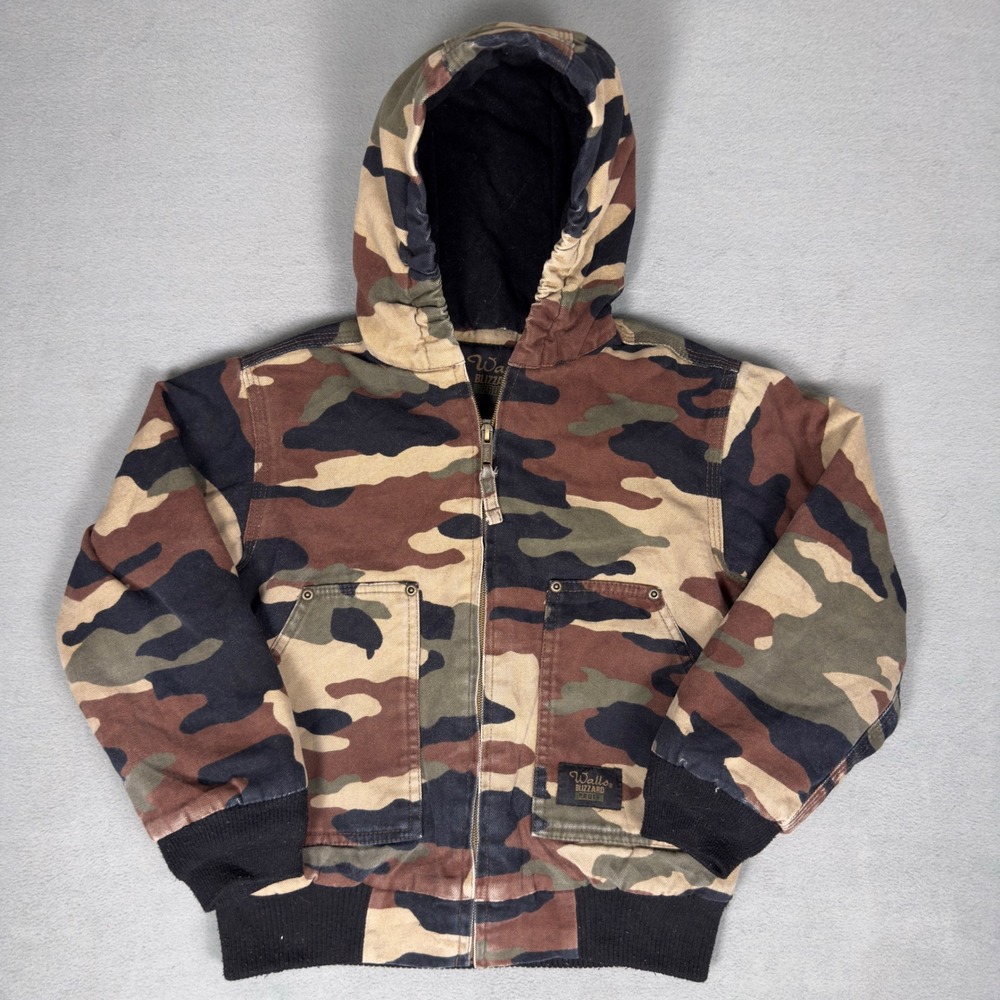Walls Blizzard Pruf Youth M 8/10 Camo Hooded Insulated Canvas Bomber Jacket
